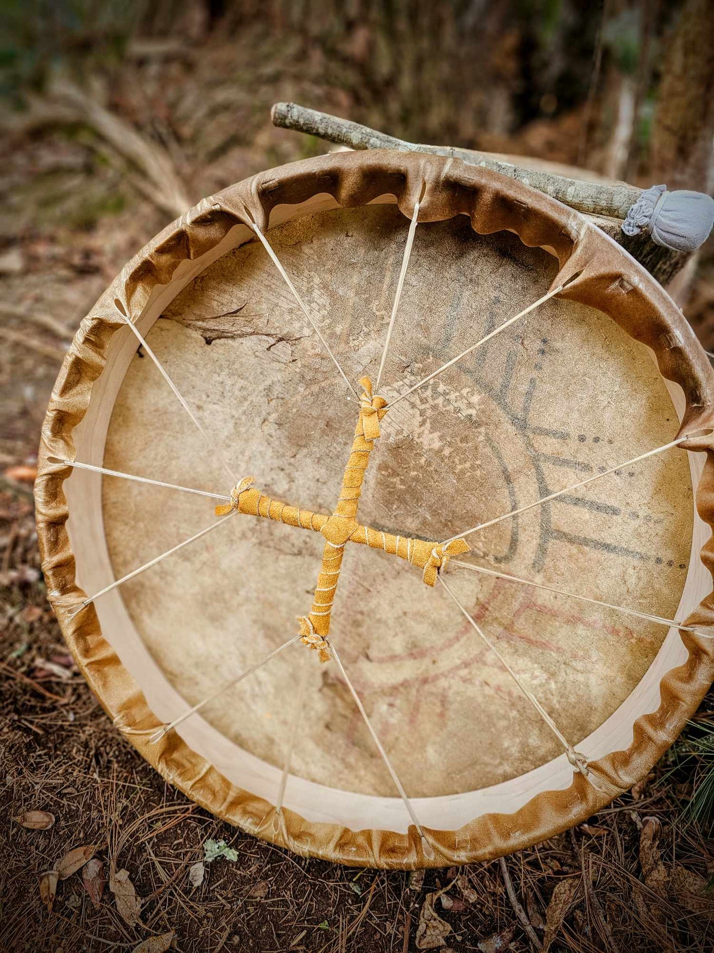 20" Bison Hide Drum With Beater | Hand Painted Four Directions Medicine Wheel Art