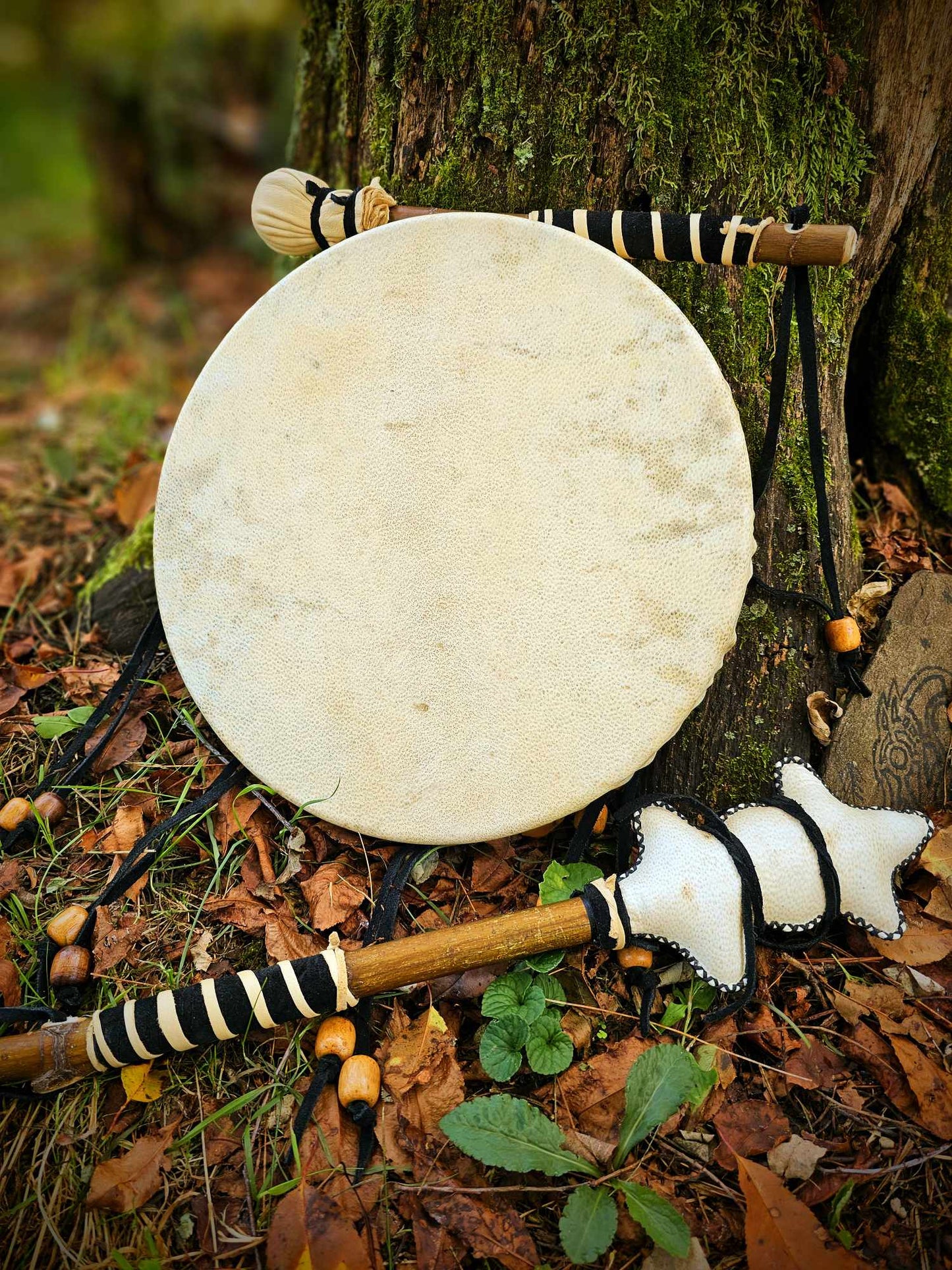 Bear Hide Drum, Beater, and Rattle With Leather Grips