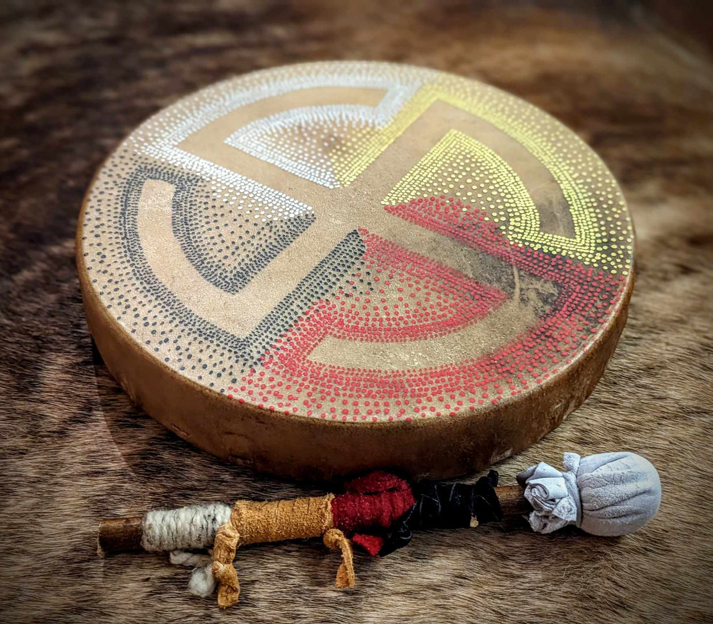 Medicine Wheel Sun Cross 12" Elk Hide Drum With Alder Beater