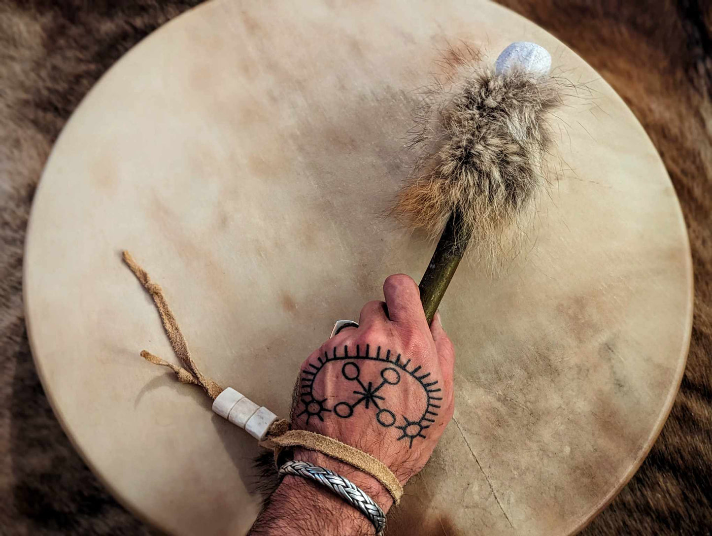 20 Inch Natural Deer Hide Drum With Coyote Fur and Deer Bone Beater