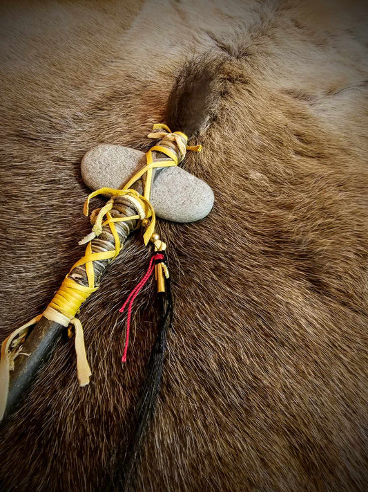 Traditional Ceremonial Stone Club | Bear Hair, Granite, Elk Rawhide, Horse Hair, Brass, Ash Wood Handle