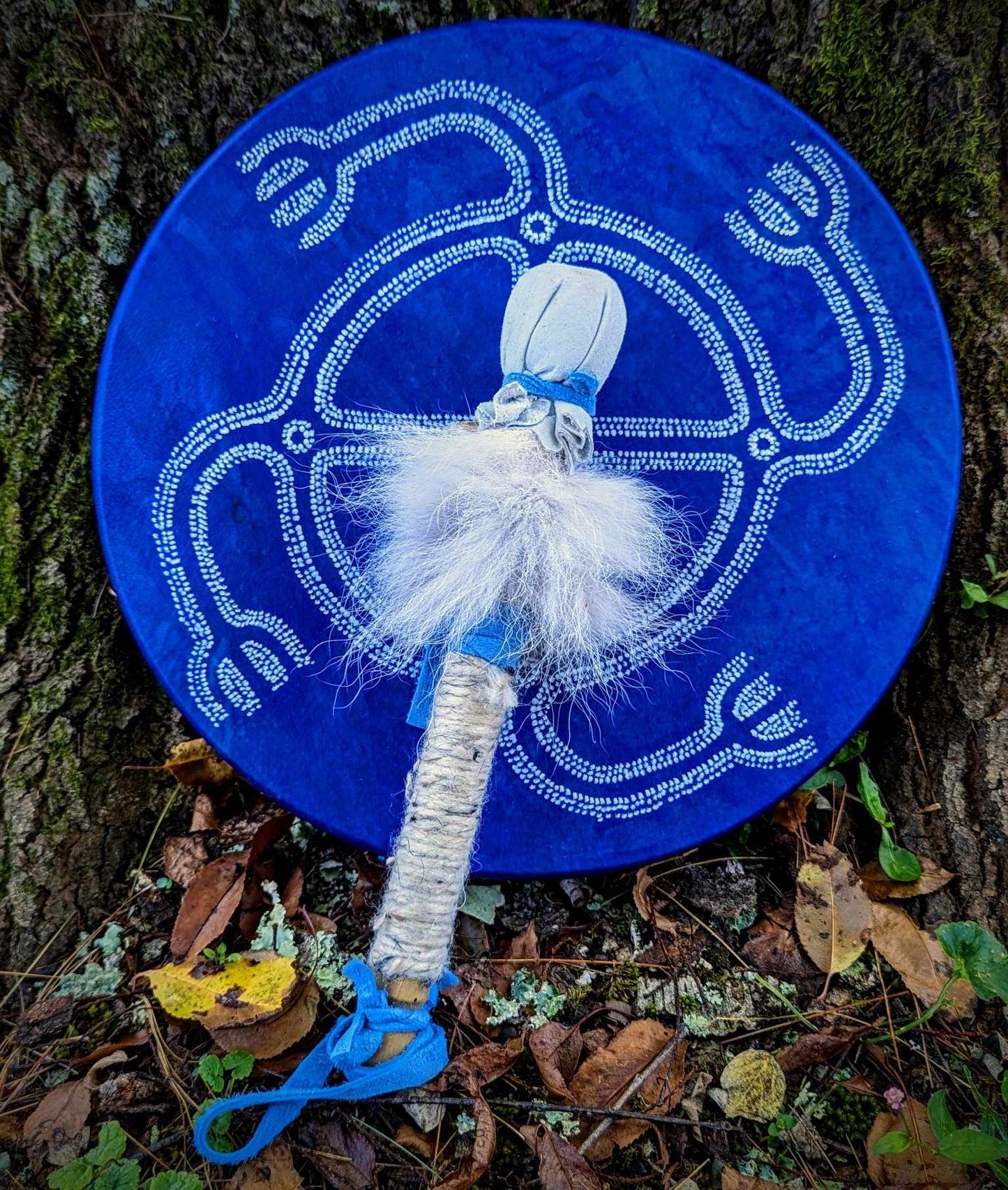 12" Deer Hide Dyed Turning Wheel Drum with Bobcat Fur Beater