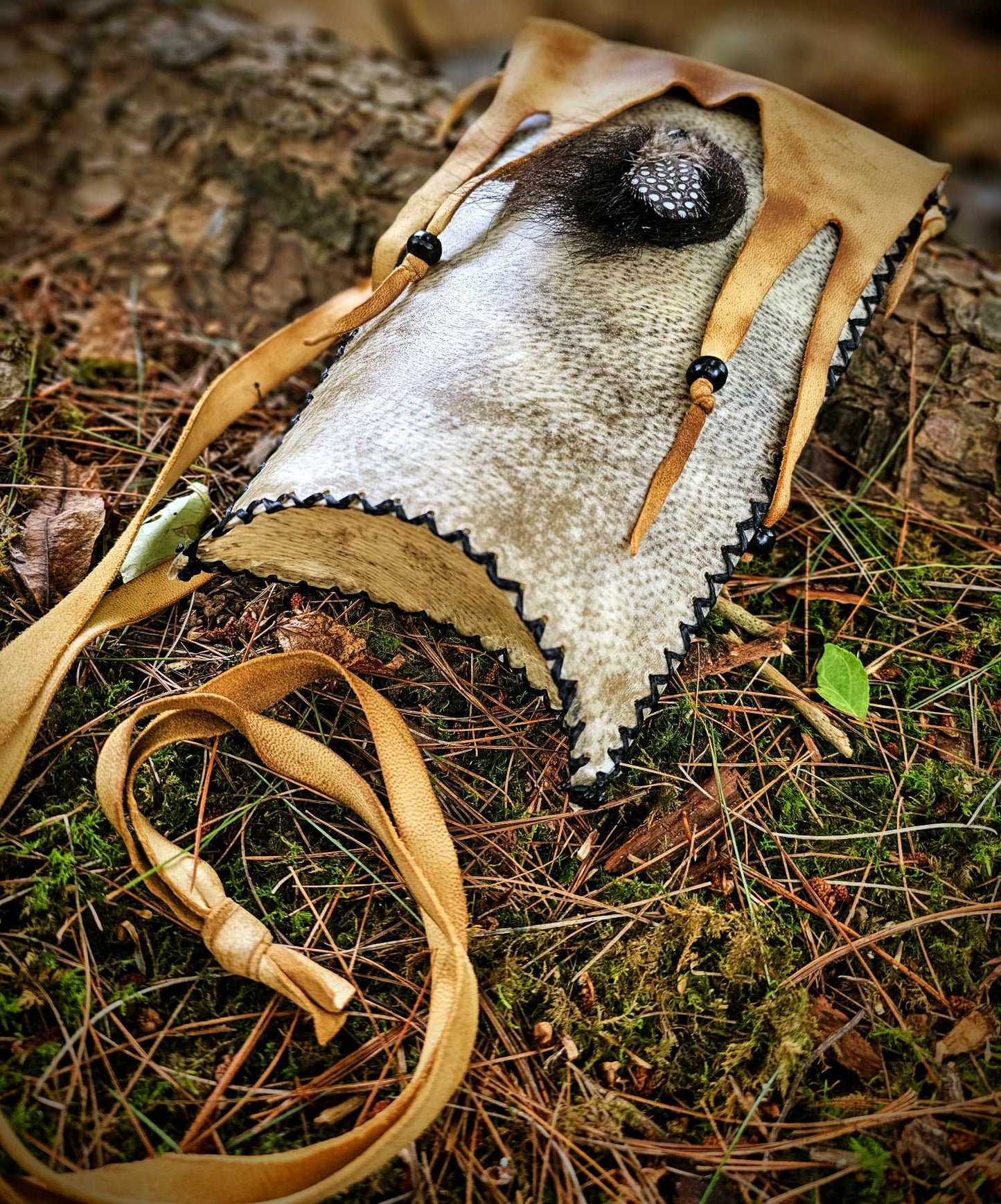 Bear Rawhide Foraging Bag With Buckskin Flap and Buffalo Horn