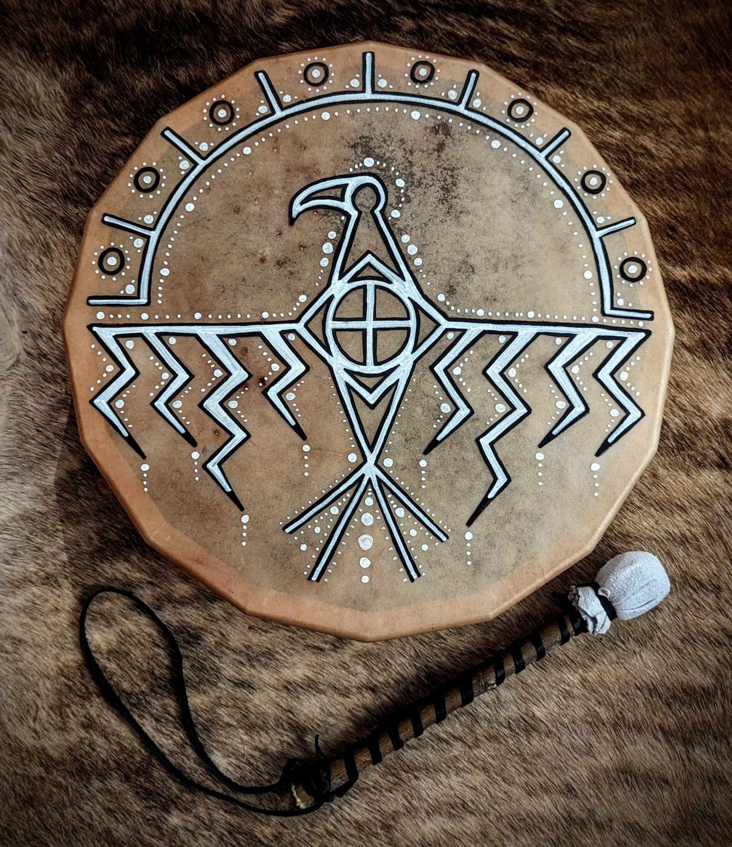 16 Sided 15" Deer Hide Thunderbird Shaman Drum With Beater