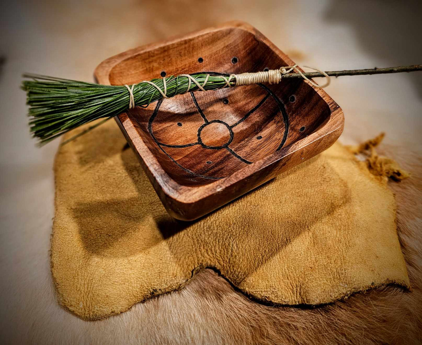 Sunwheel Wood Hand Burned Square Bowl