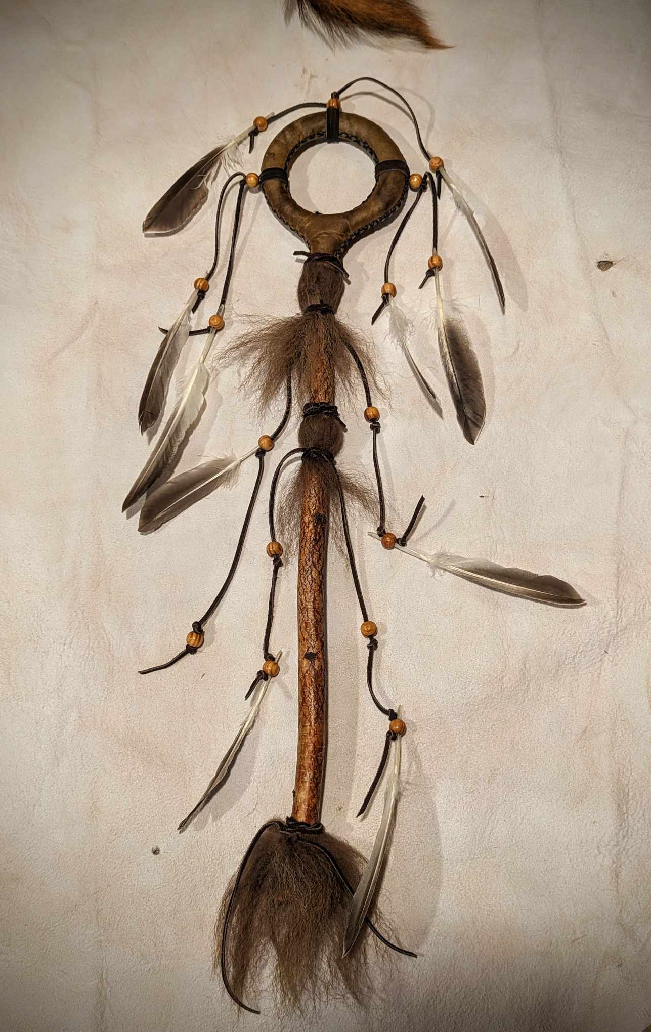 Bison Hide Loop Shaman Rattle Hand Crafted from Birch Wood Duck Feathers and Buffalo Hide | Meditation Rattle | Sound Healing