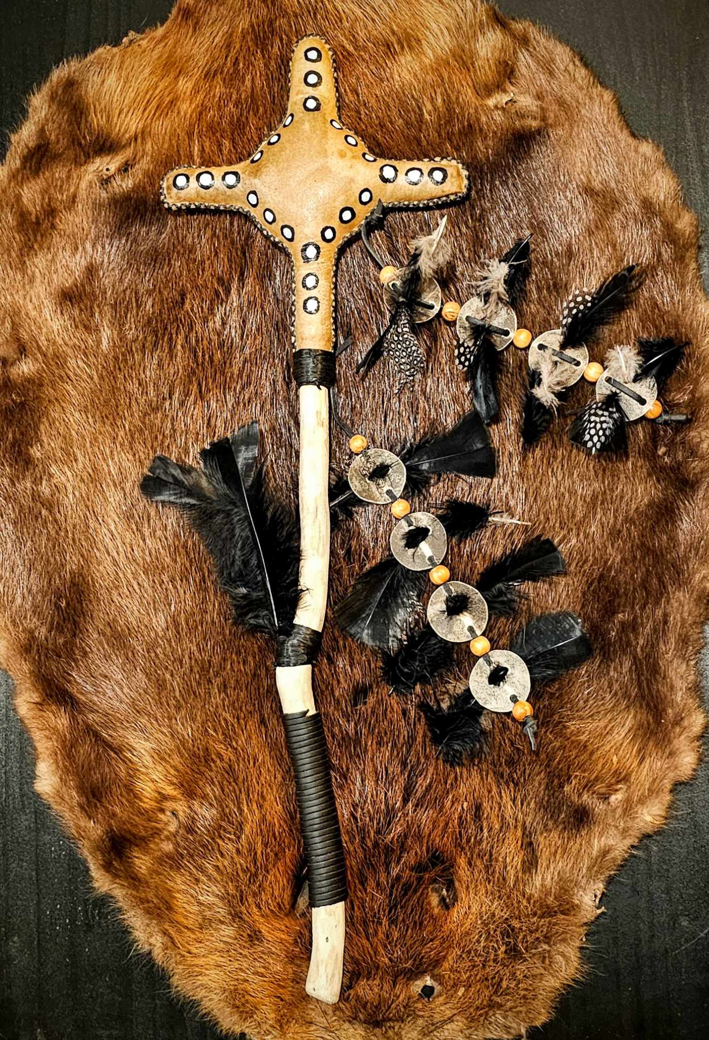'Four Winds' Elk Skin Medicine Rattle With Spotted Guinea Feathers