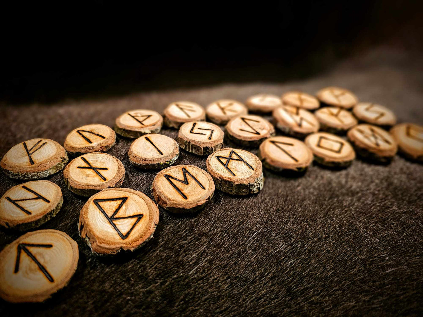 Set of 24 Chestnut Elder Futhark Runes Hand Cut and Burned Natural Wood Runes