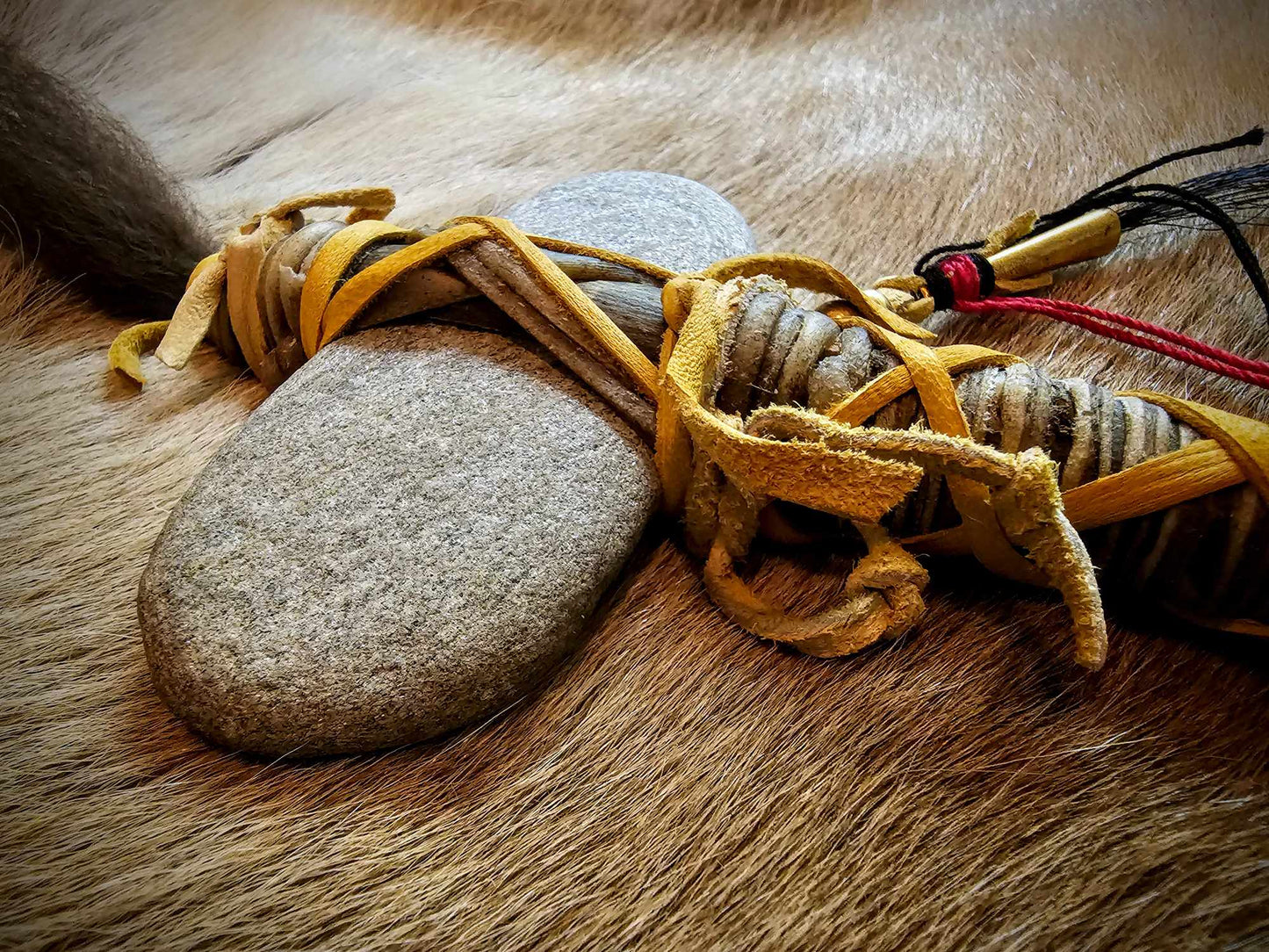Traditional Ceremonial Stone Club | Bear Hair, Granite, Elk Rawhide, Horse Hair, Brass, Ash Wood Handle
