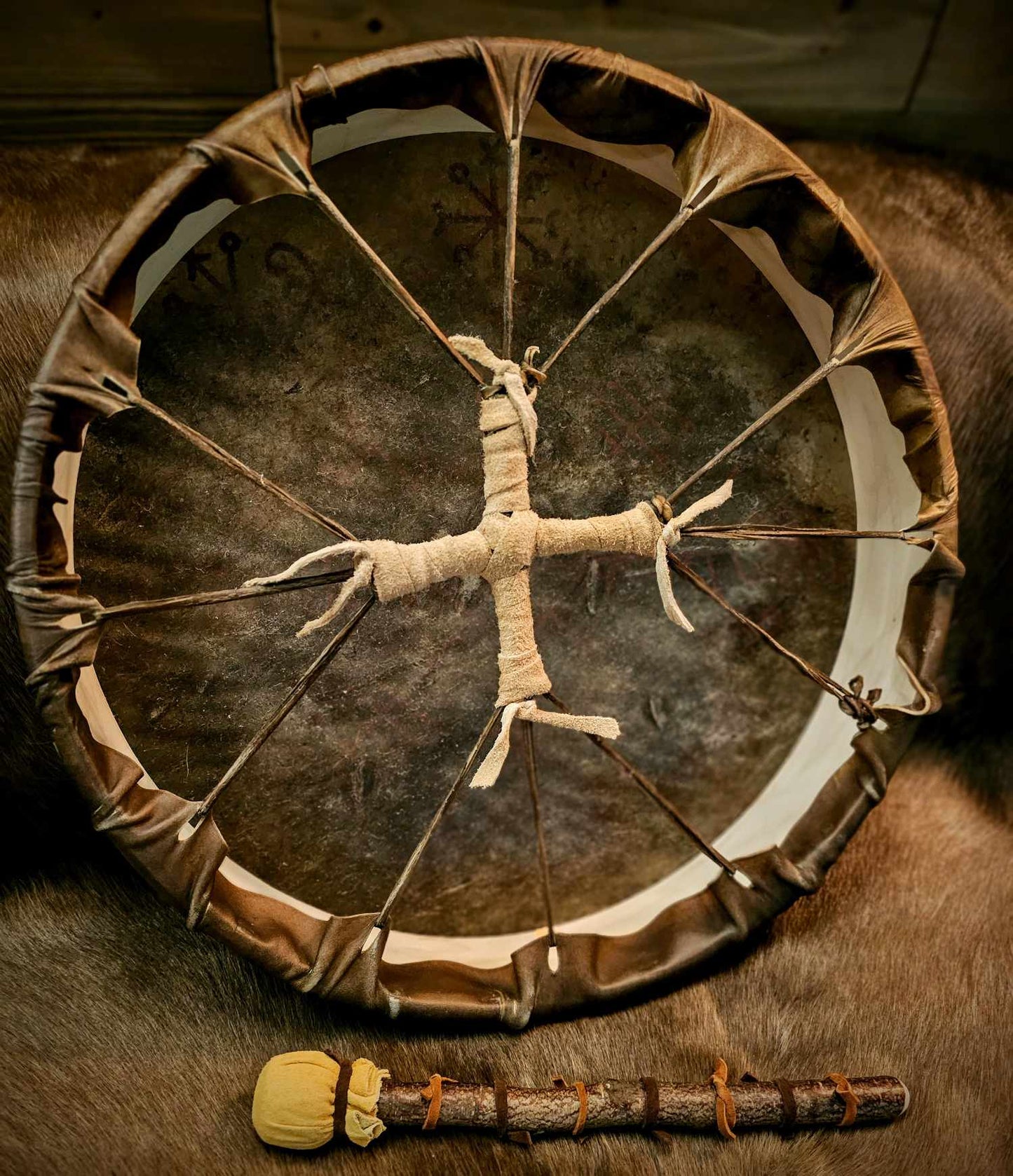 18 Inch Horse Hide Shaman Drum With Hand Painted Spirit Travel Stave