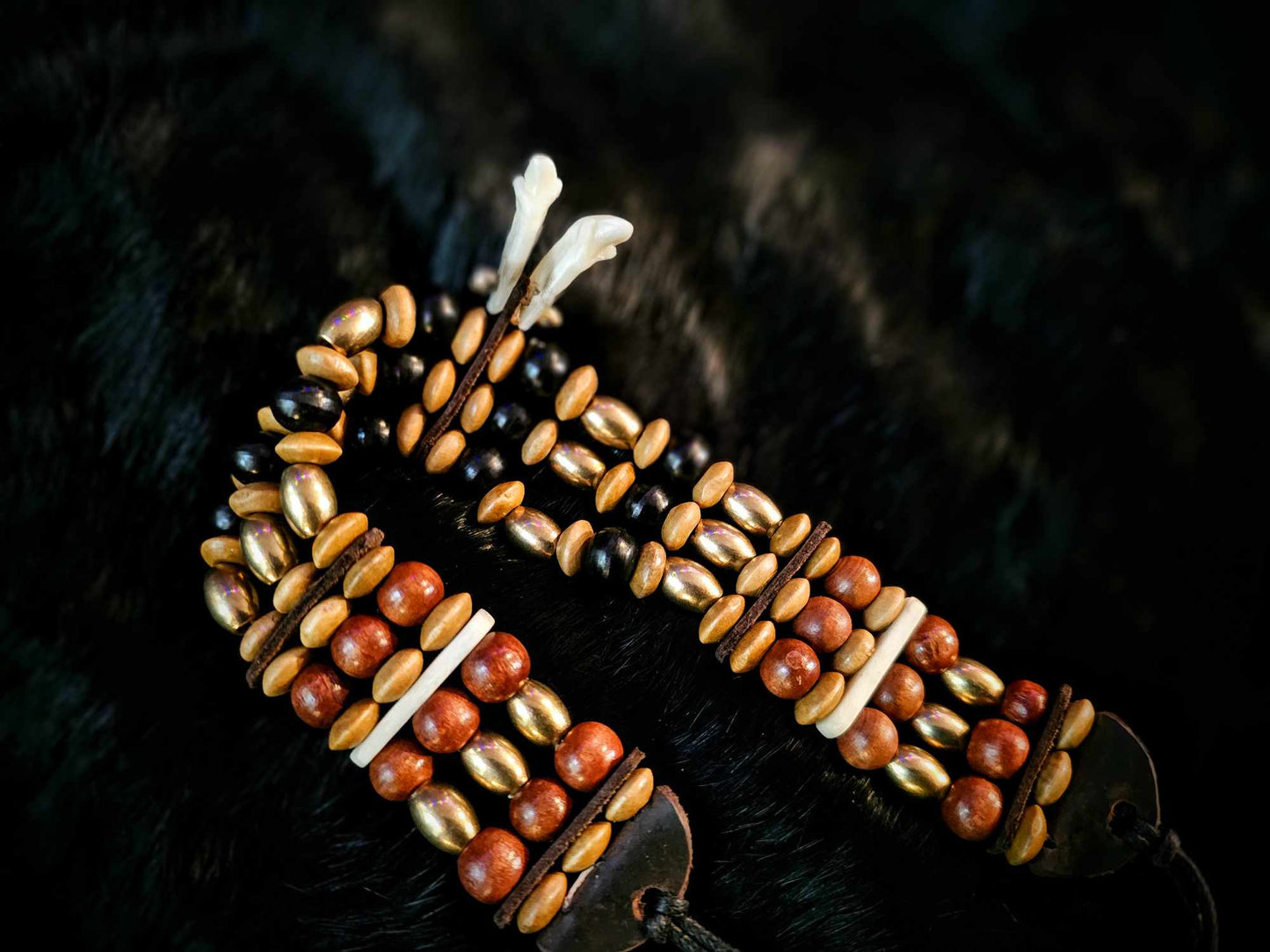 Double Wolf Tooth Beaded Brass, Bone, and Horn Choker Necklace