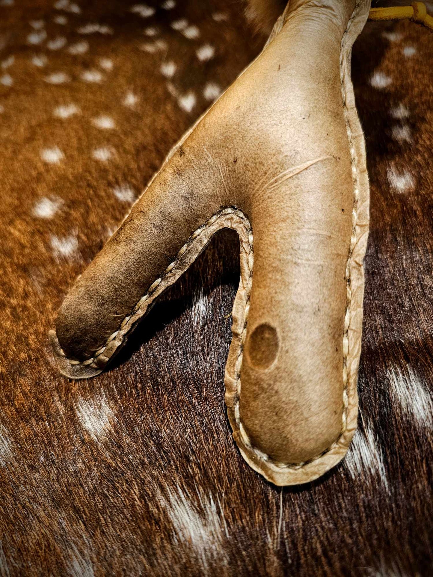 Elk Hide Coyote Fur Black Locust and Buckskin Y Shaped Meditation Rattle