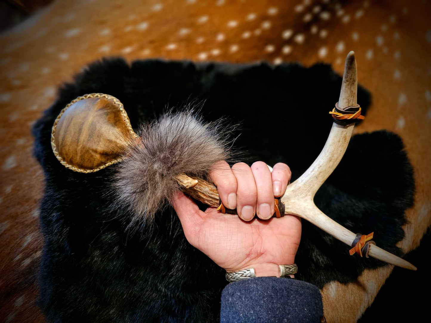 Antler Shed Bison Hide Wolf Fur Rattle