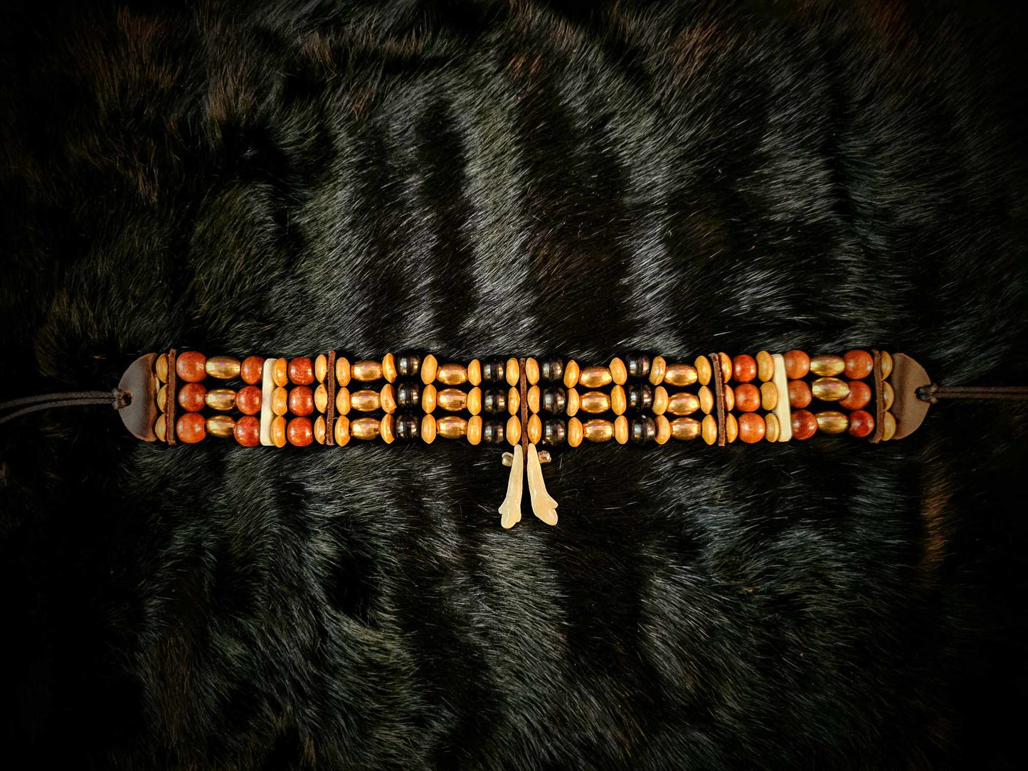 Double Wolf Tooth Beaded Brass, Bone, and Horn Choker Necklace