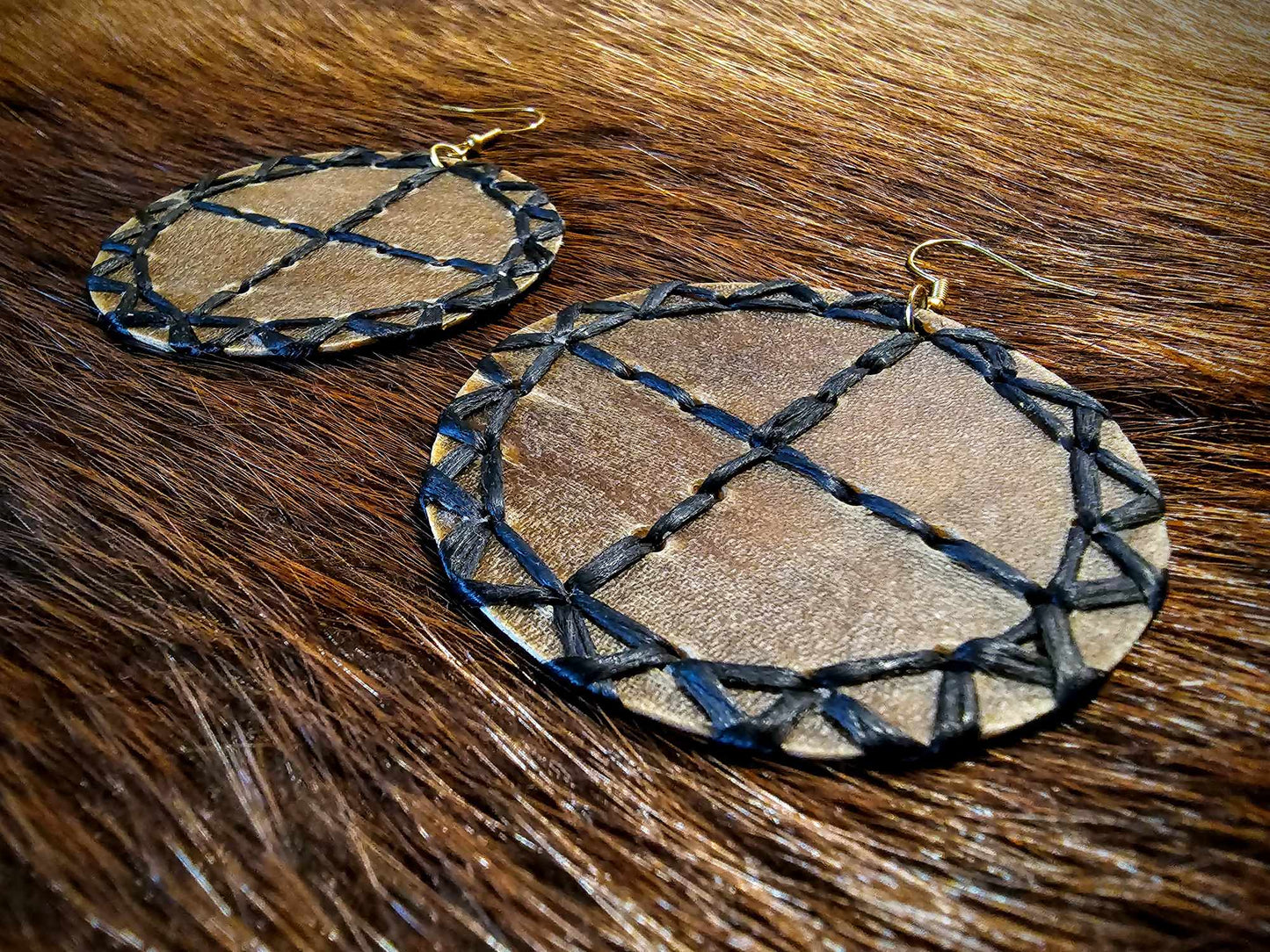 Elk Hide Sun Disc Sinew Threaded Earrings