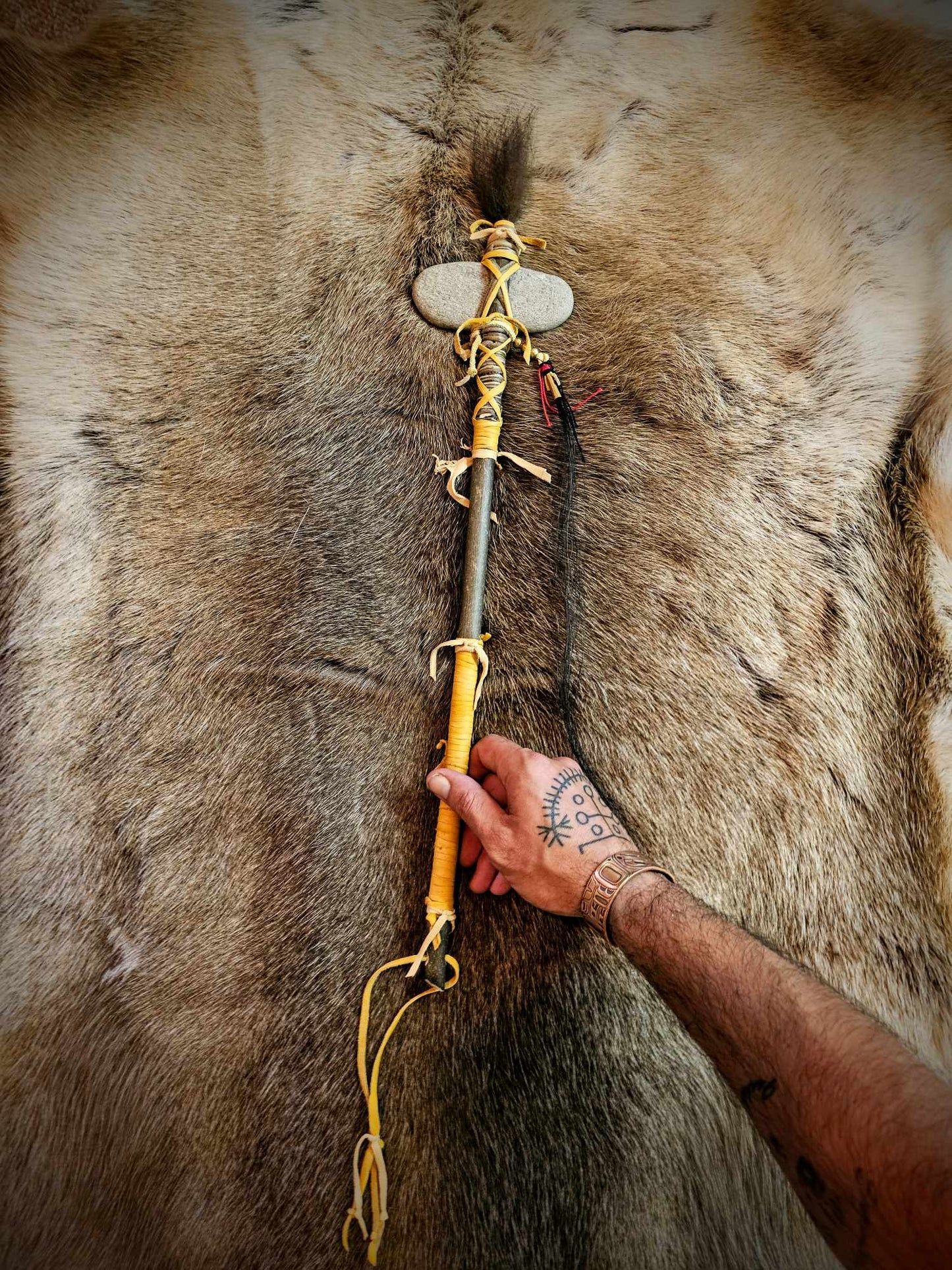 Traditional Ceremonial Stone Club | Bear Hair, Granite, Elk Rawhide, Horse Hair, Brass, Ash Wood Handle