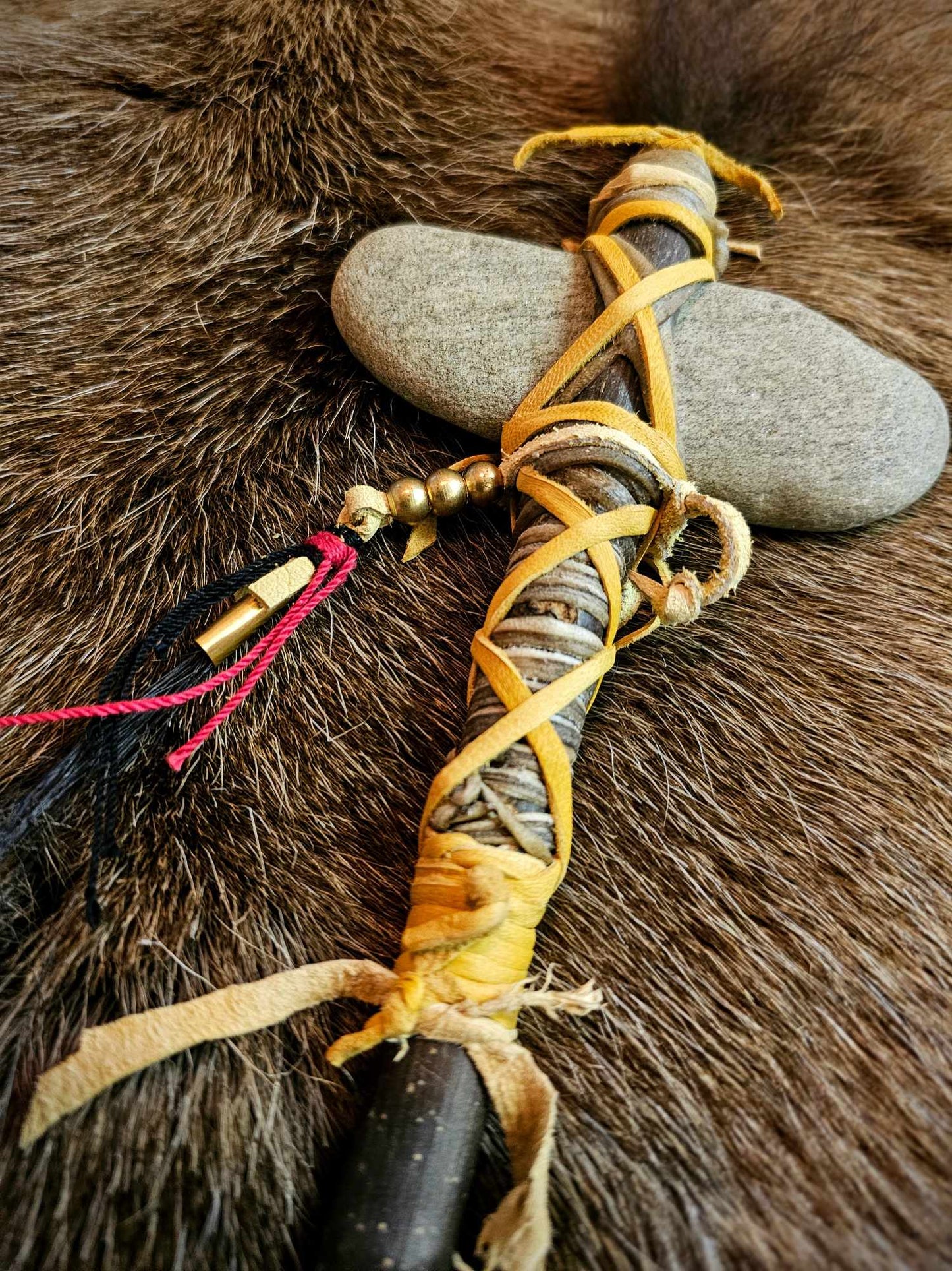 Traditional Ceremonial Stone Club | Bear Hair, Granite, Elk Rawhide, Horse Hair, Brass, Ash Wood Handle