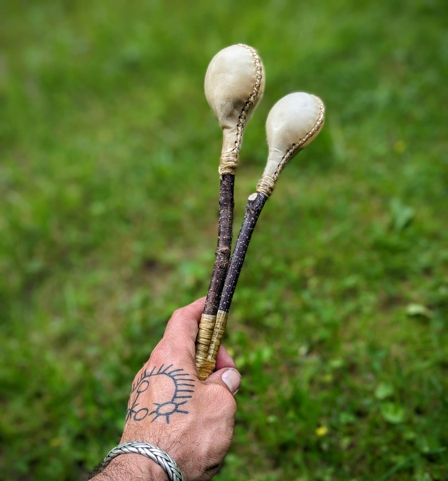 Double Headed Deer Hide Birch Branch Rattle