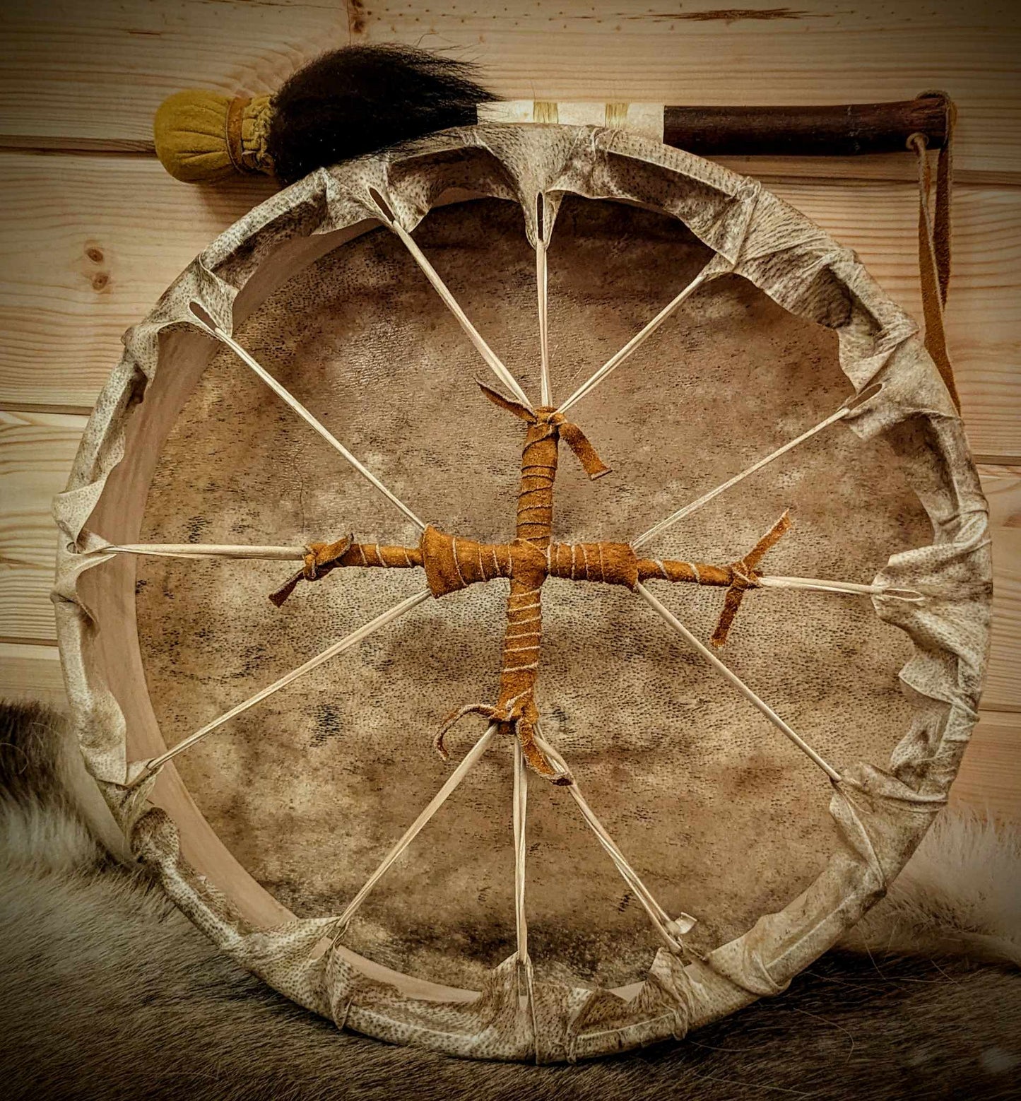 RESERVED - Natural Deep Tone Bear Skin Drum Rare 16" + Alderwood Bear Fur & Leather Beater | Handmade Shaman Drum