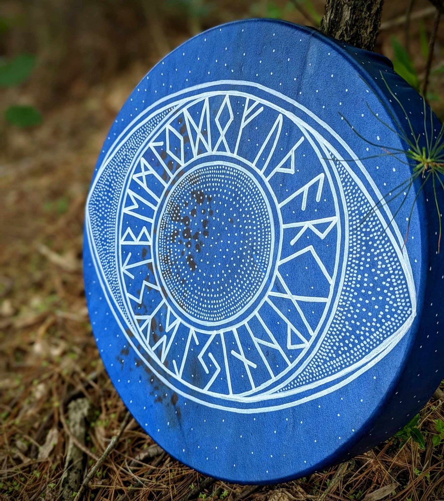 15" Ancient Wisdom Blue Deer Hide Rune Eye Drum
