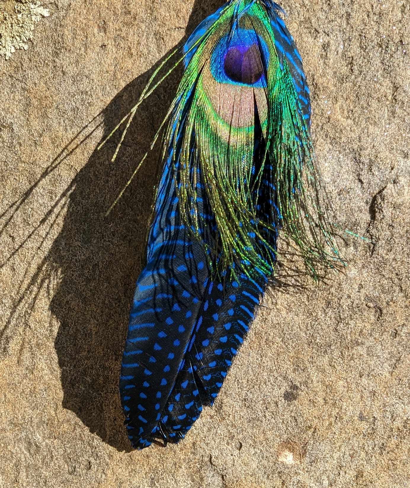 Wood Cobalt Blue Glass and Metal Beaded Peacock Feather Necklace