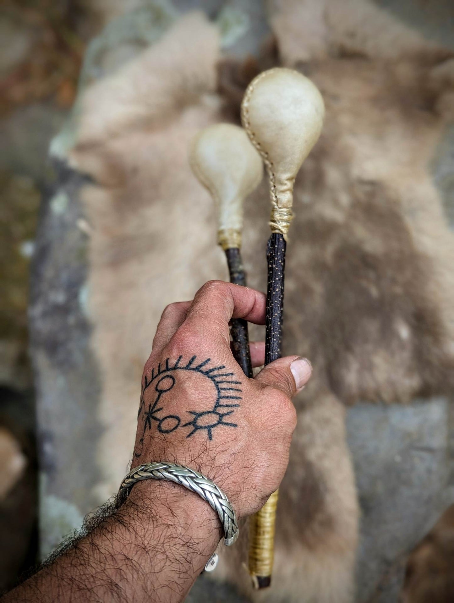 Double Headed Deer Hide Birch Branch Rattle