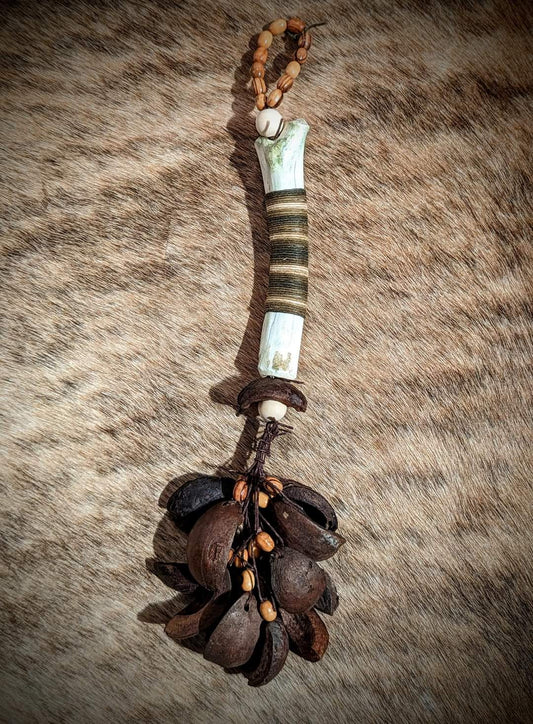 Hickory Nut and Deer Bone Nut Rattle With Wood Bead Hanger
