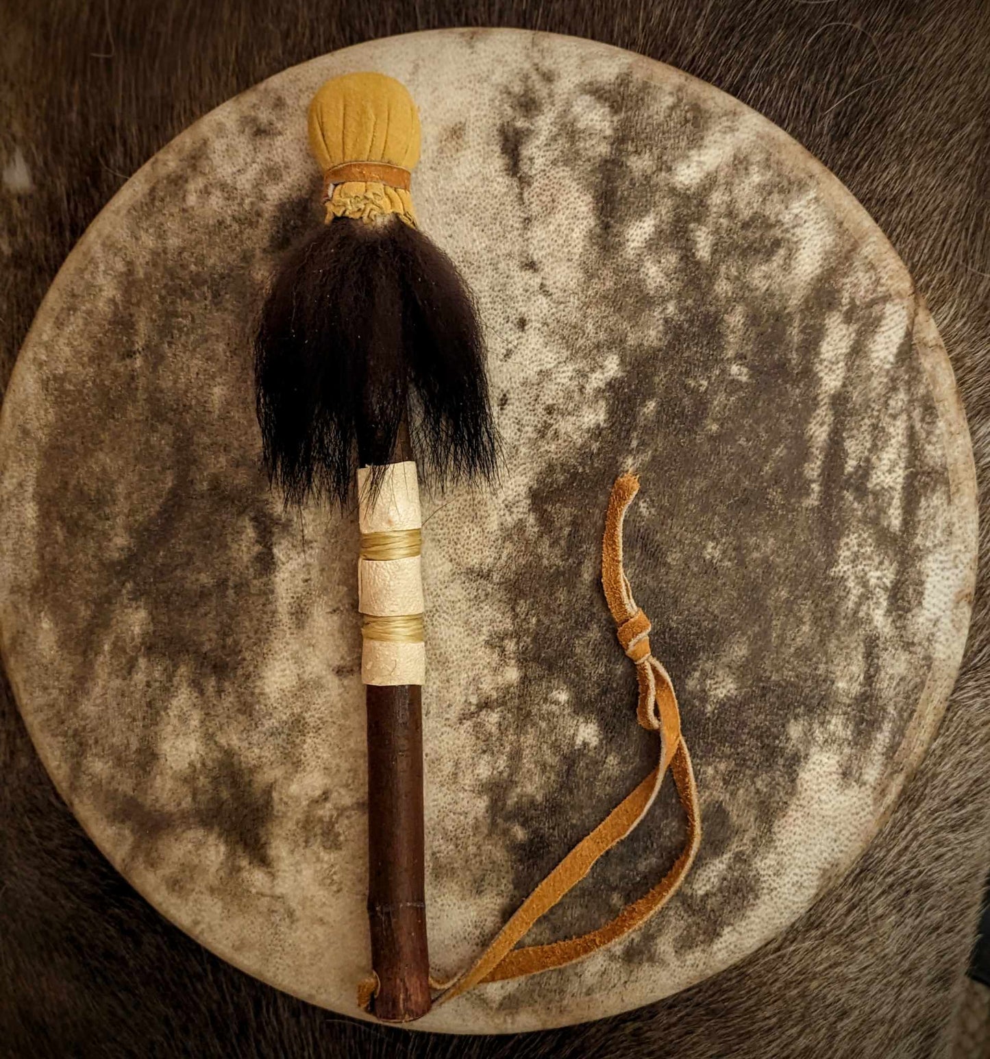 RESERVED - Natural Deep Tone Bear Skin Drum Rare 16" + Alderwood Bear Fur & Leather Beater | Handmade Shaman Drum