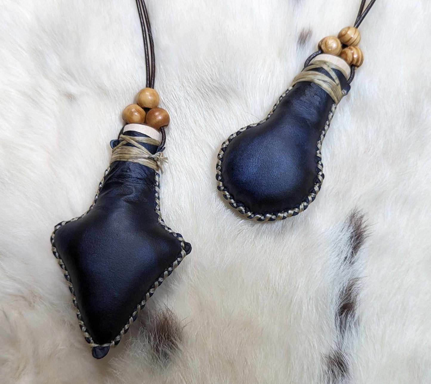 Round or Arrow Wearable Reindeer Hide Deep Blue Black Rattle Necklace | Shaman Rattle | Mini Rattle | Norse Animism