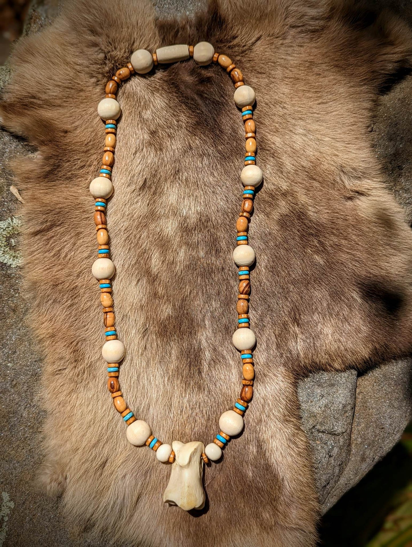 Elk Knuckle Bone, Turquoise, and Olive Wood Necklace
