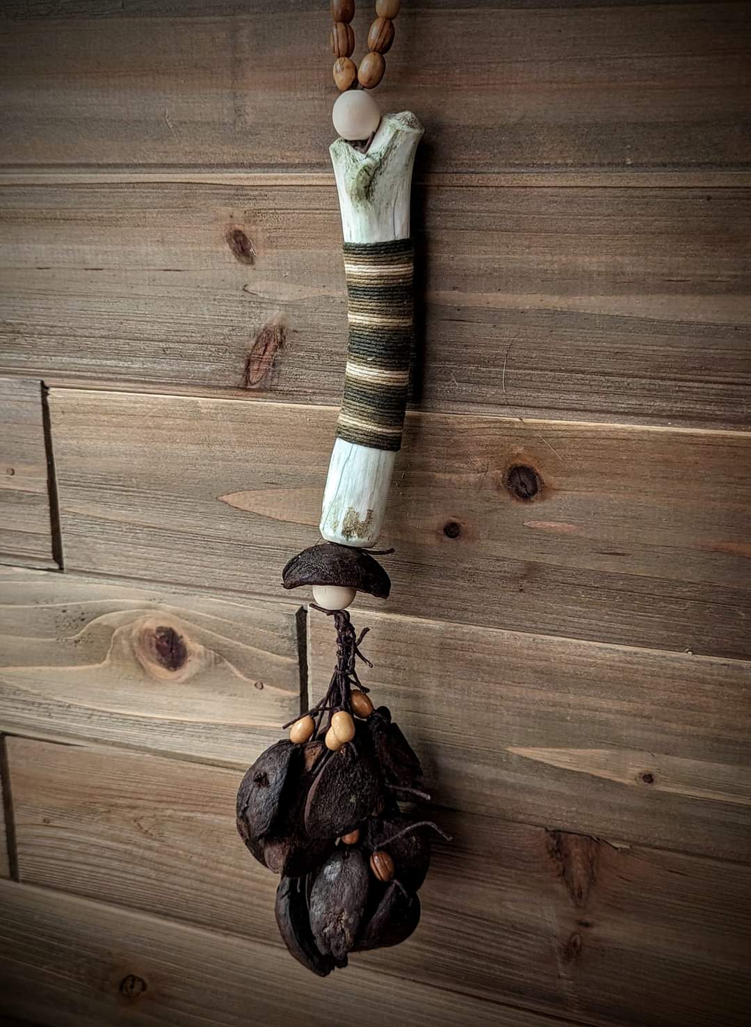 Hickory Nut and Deer Bone Nut Rattle With Wood Bead Hanger