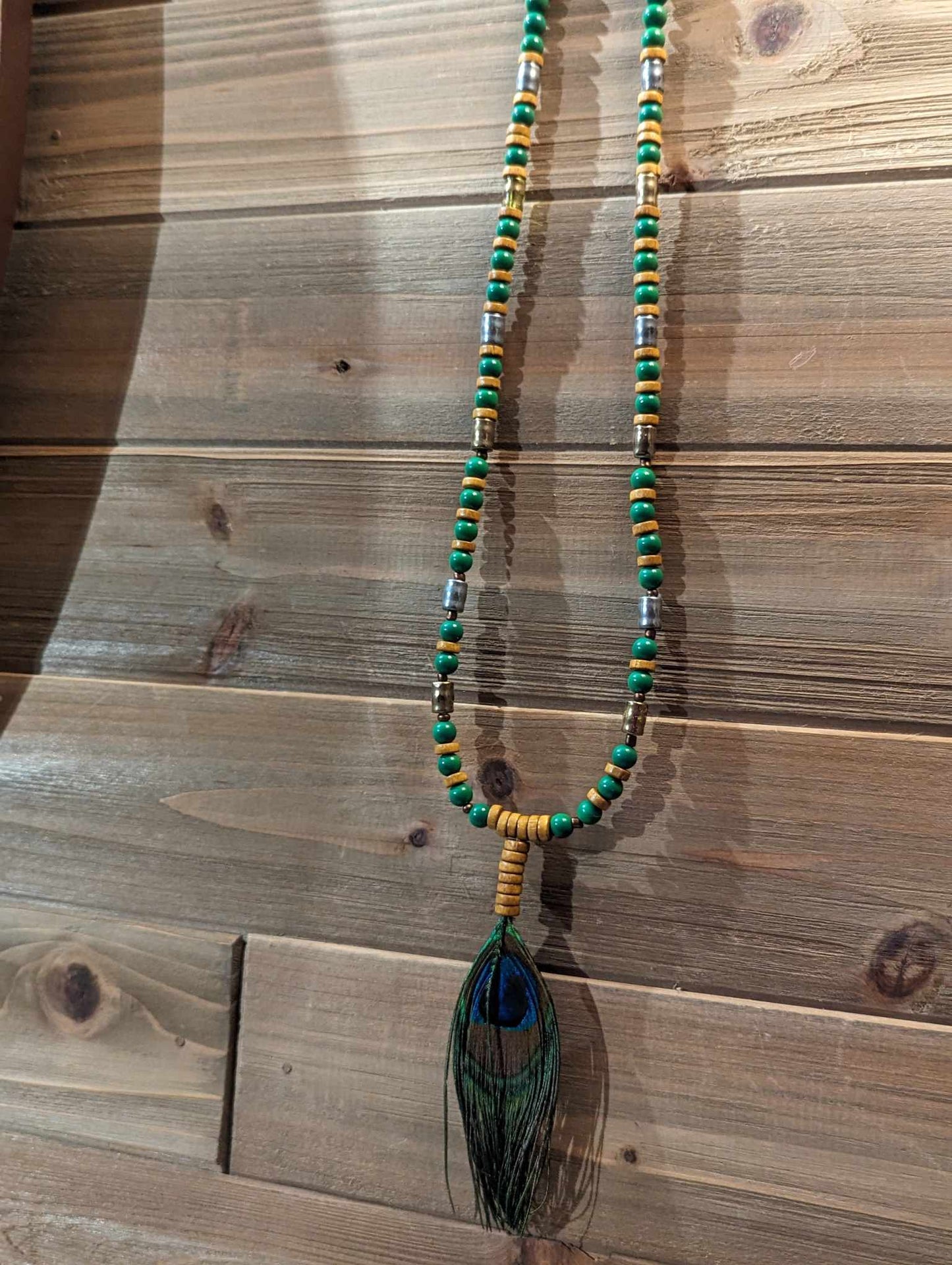 Wood, Green Glass and Metal Beaded Peacock Feather Necklace