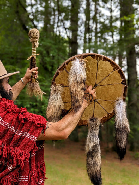 20 Inch Horse Hide Drum with Coyote Tail, and Bison Hair