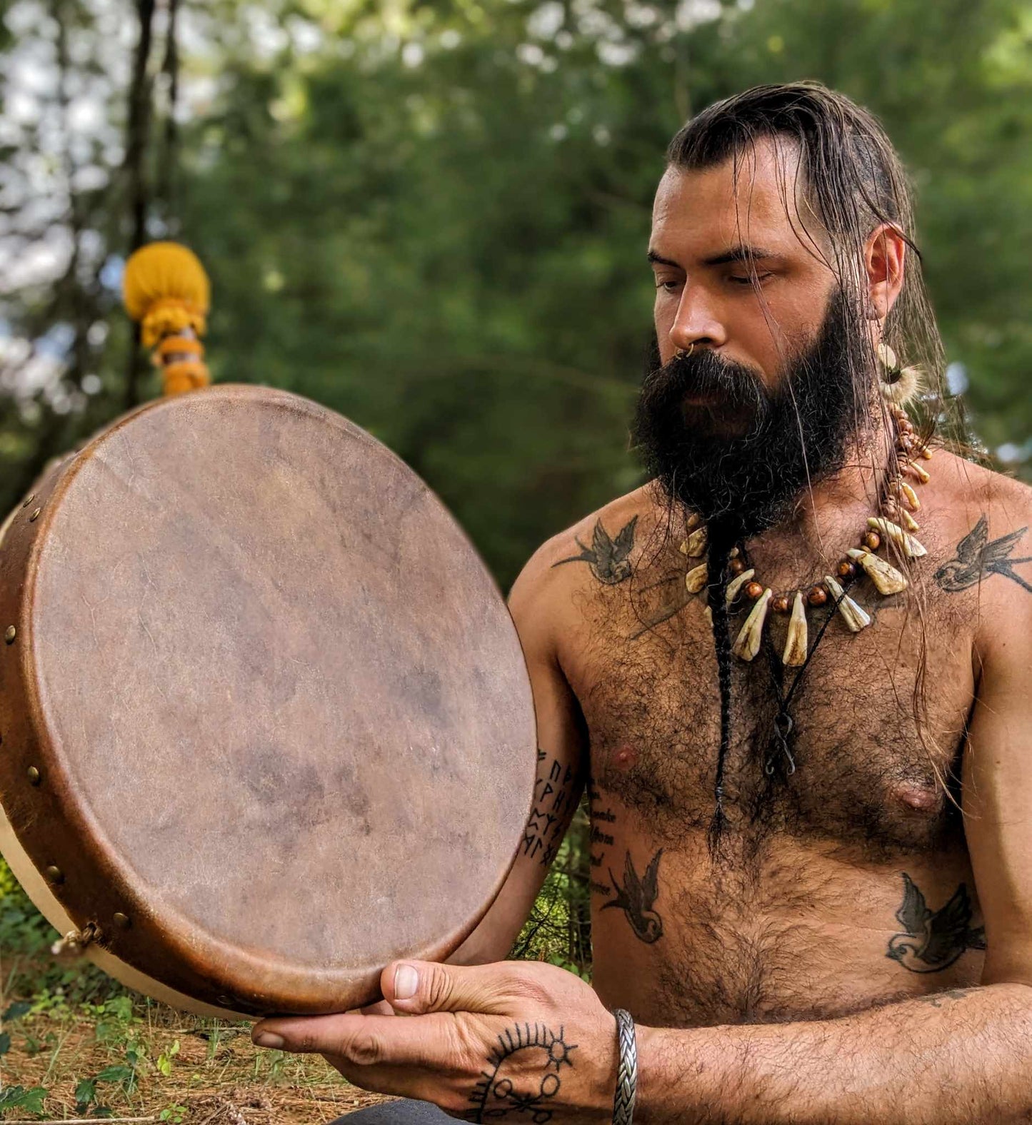 Thick Bison Hide Sweat Lodge Drum | Deer Bone Grip