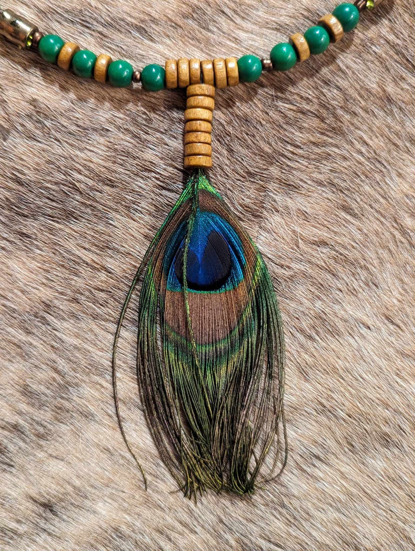 Wood, Green Glass and Metal Beaded Peacock Feather Necklace