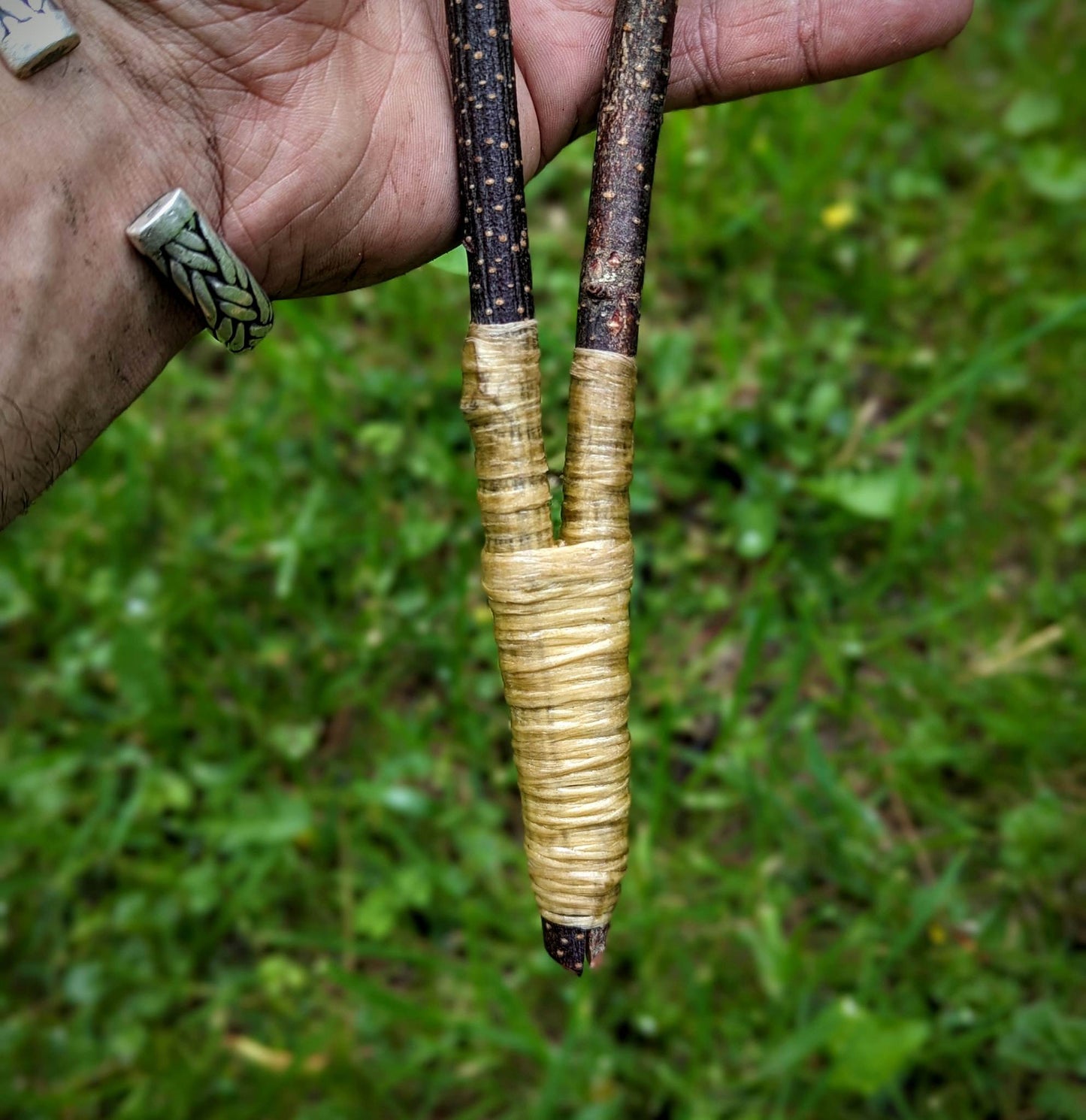 Double Headed Deer Hide Birch Branch Rattle