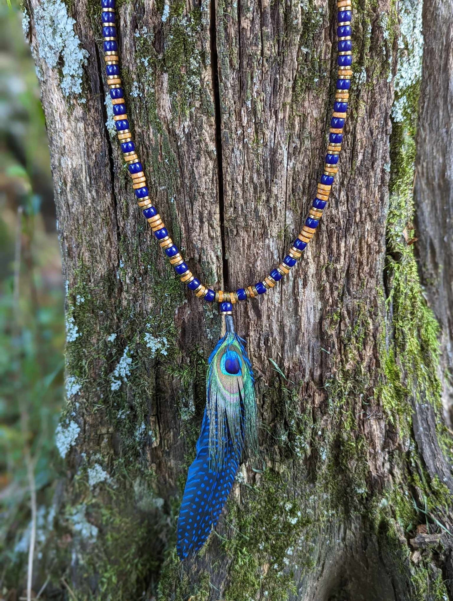 Wood Cobalt Blue Glass and Metal Beaded Peacock Feather Necklace