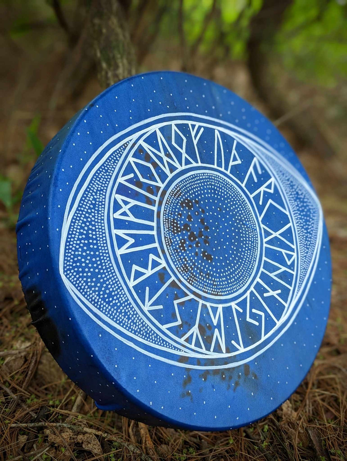15" Ancient Wisdom Blue Deer Hide Rune Eye Drum