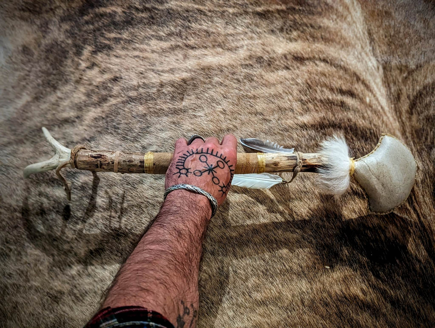 Deer Hide and Antler Rattle With Duck Feathers and Coyote Fur