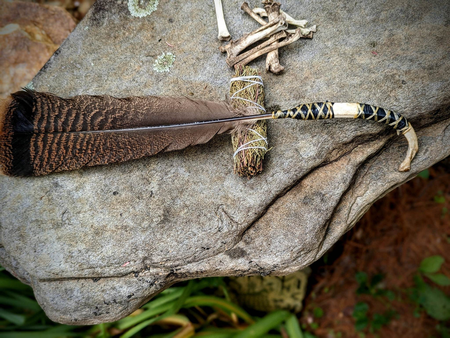 XL Barred Turkey Feather Deer Rib Smudging Smoke Fan