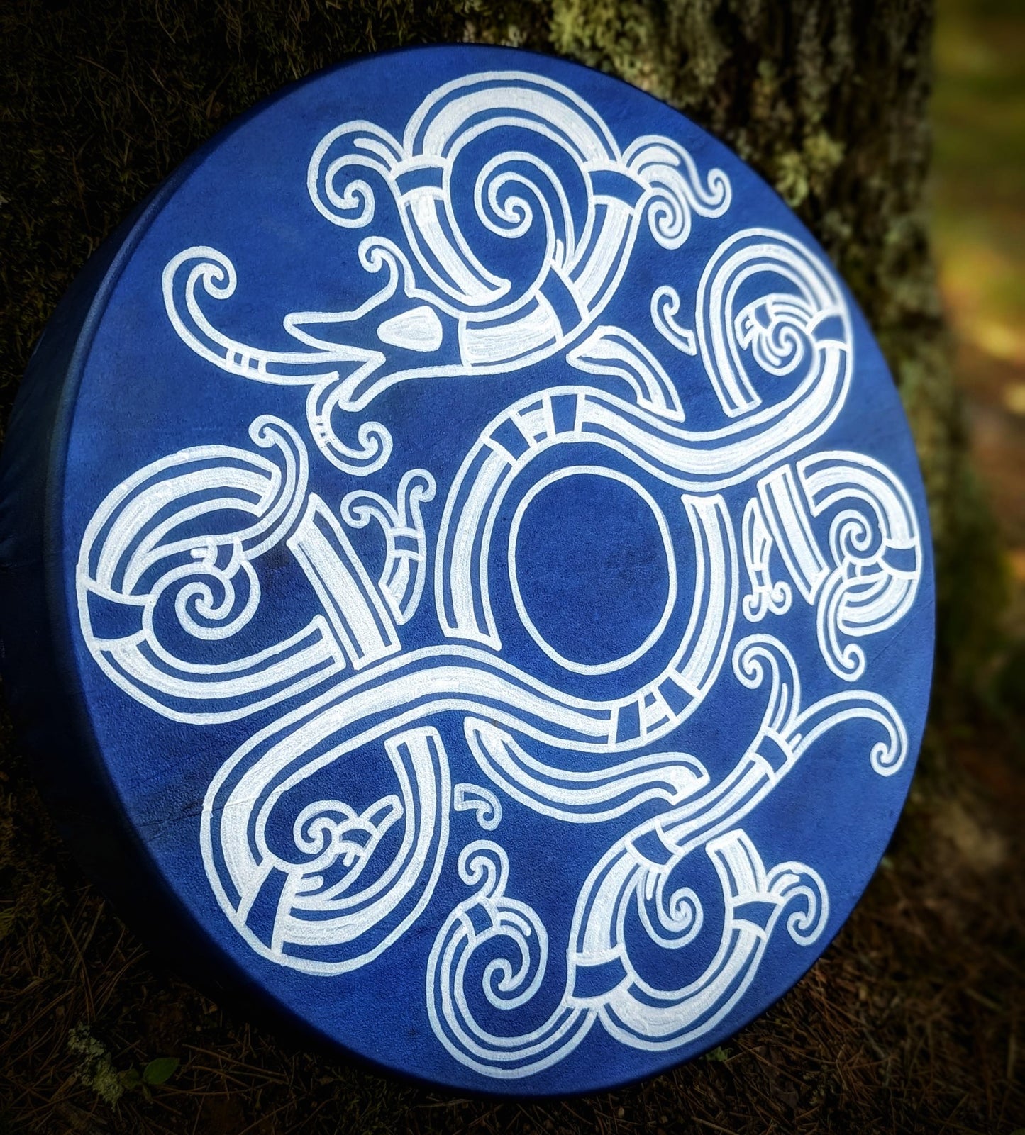 14 Inch Blue Deer Hide Shaman Drum with Beater | Jormungandr Drum | Dragon Drum