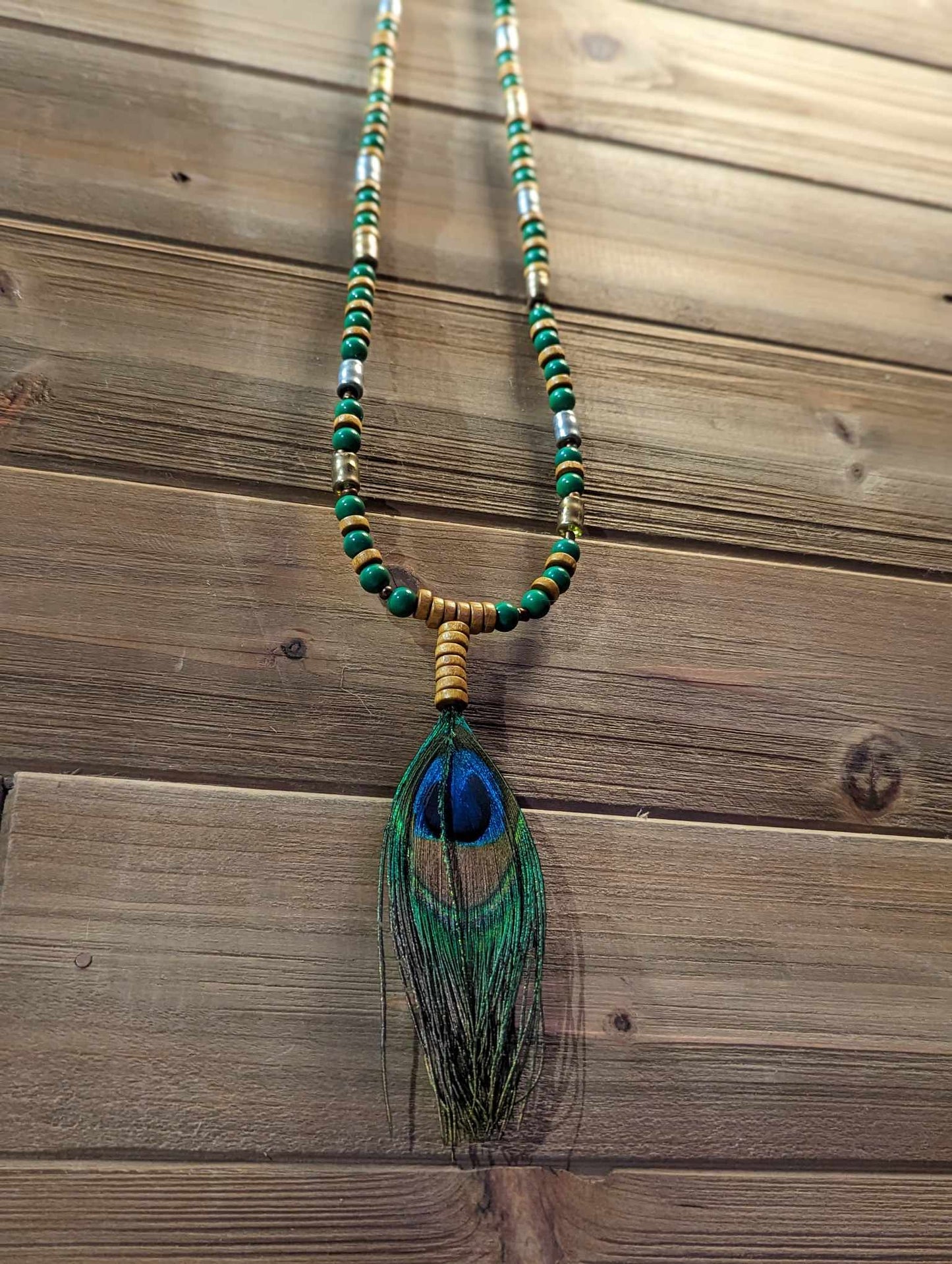 Wood, Green Glass and Metal Beaded Peacock Feather Necklace