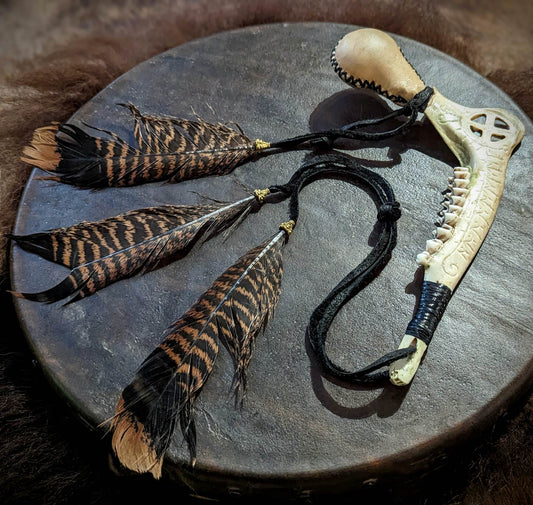 Hand Engraved Deer Jaw and Hide Shaman Rattle With Turkey Feathers | Sunwheel Stave Art