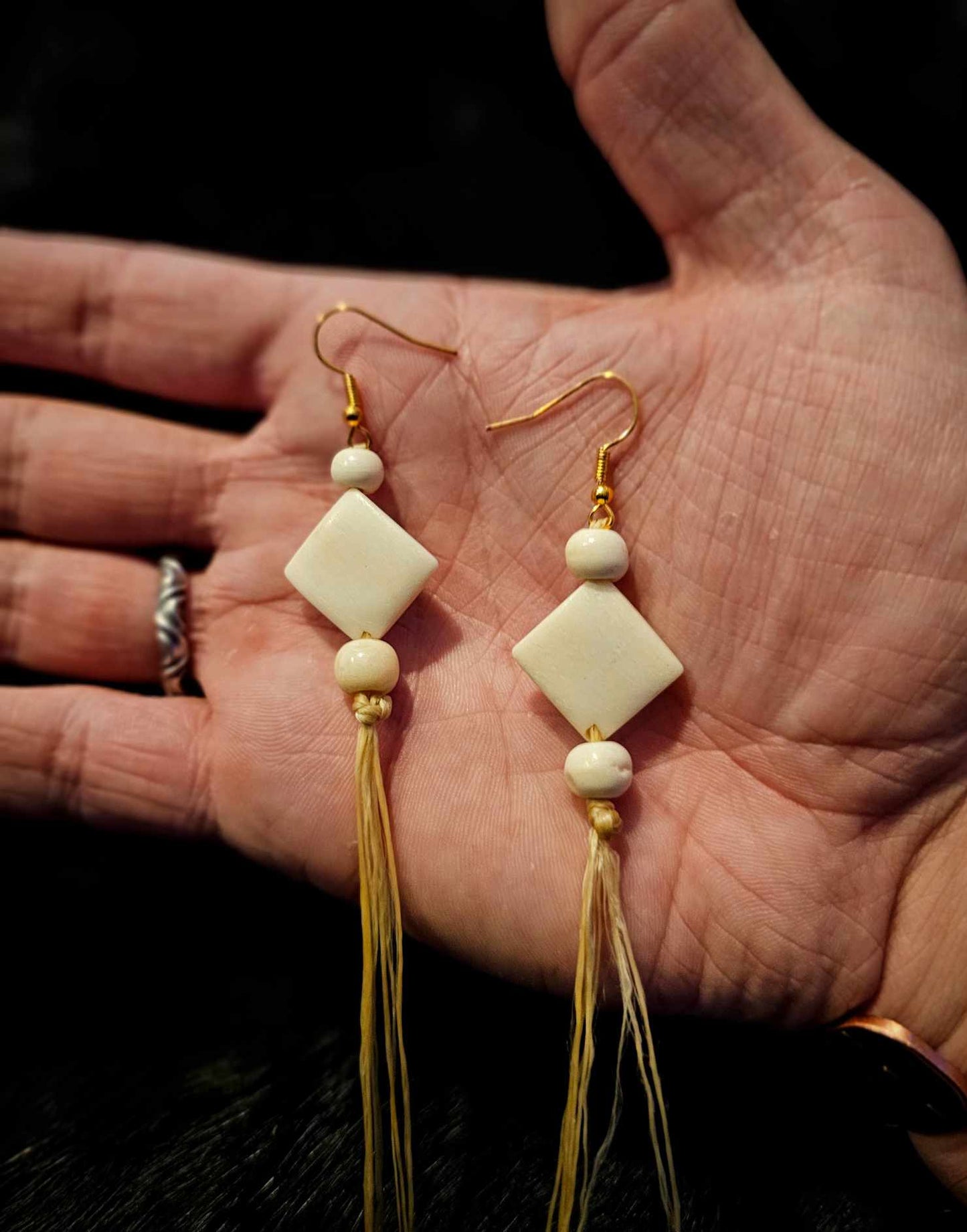 Bone Bead Diamond and Sinew Earrings