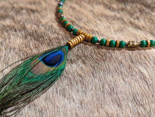 Wood, Green Glass and Metal Beaded Peacock Feather Necklace
