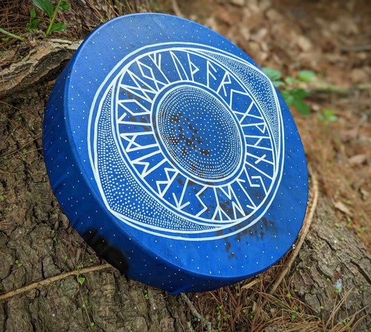 15" Ancient Wisdom Blue Deer Hide Rune Eye Drum