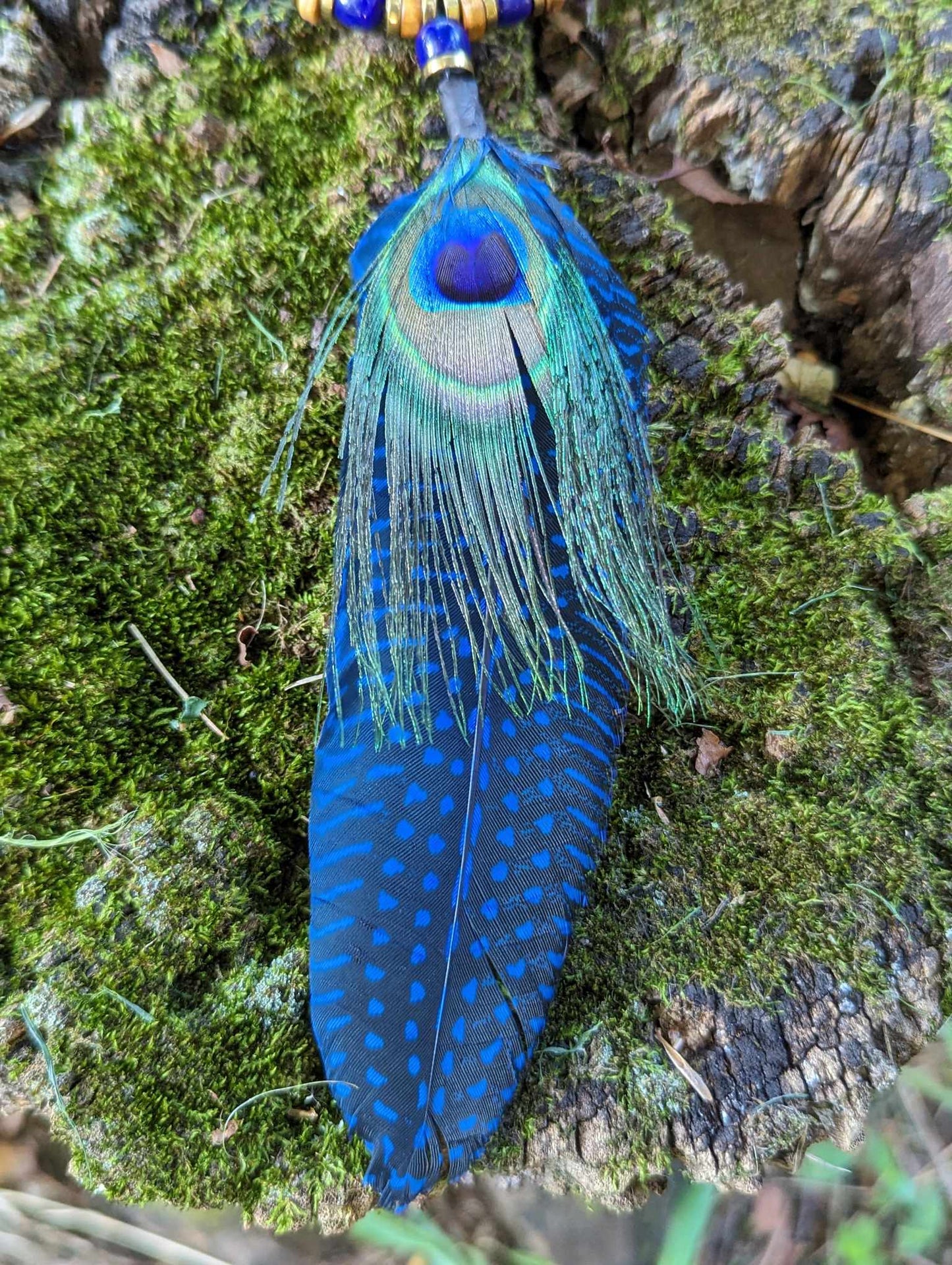 Wood Cobalt Blue Glass and Metal Beaded Peacock Feather Necklace