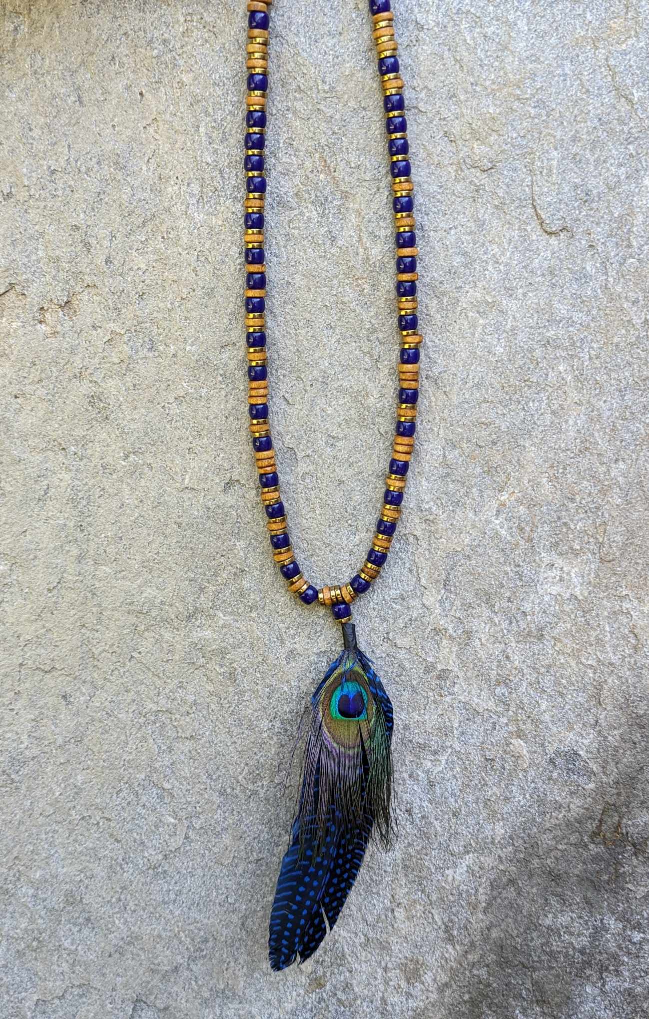 Wood Cobalt Blue Glass and Metal Beaded Peacock Feather Necklace