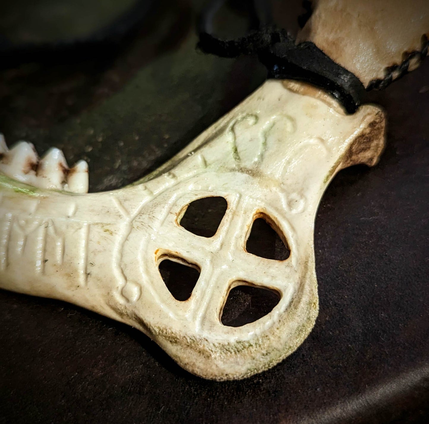 Hand Engraved Deer Jaw and Hide Shaman Rattle With Turkey Feathers | Sunwheel Stave Art