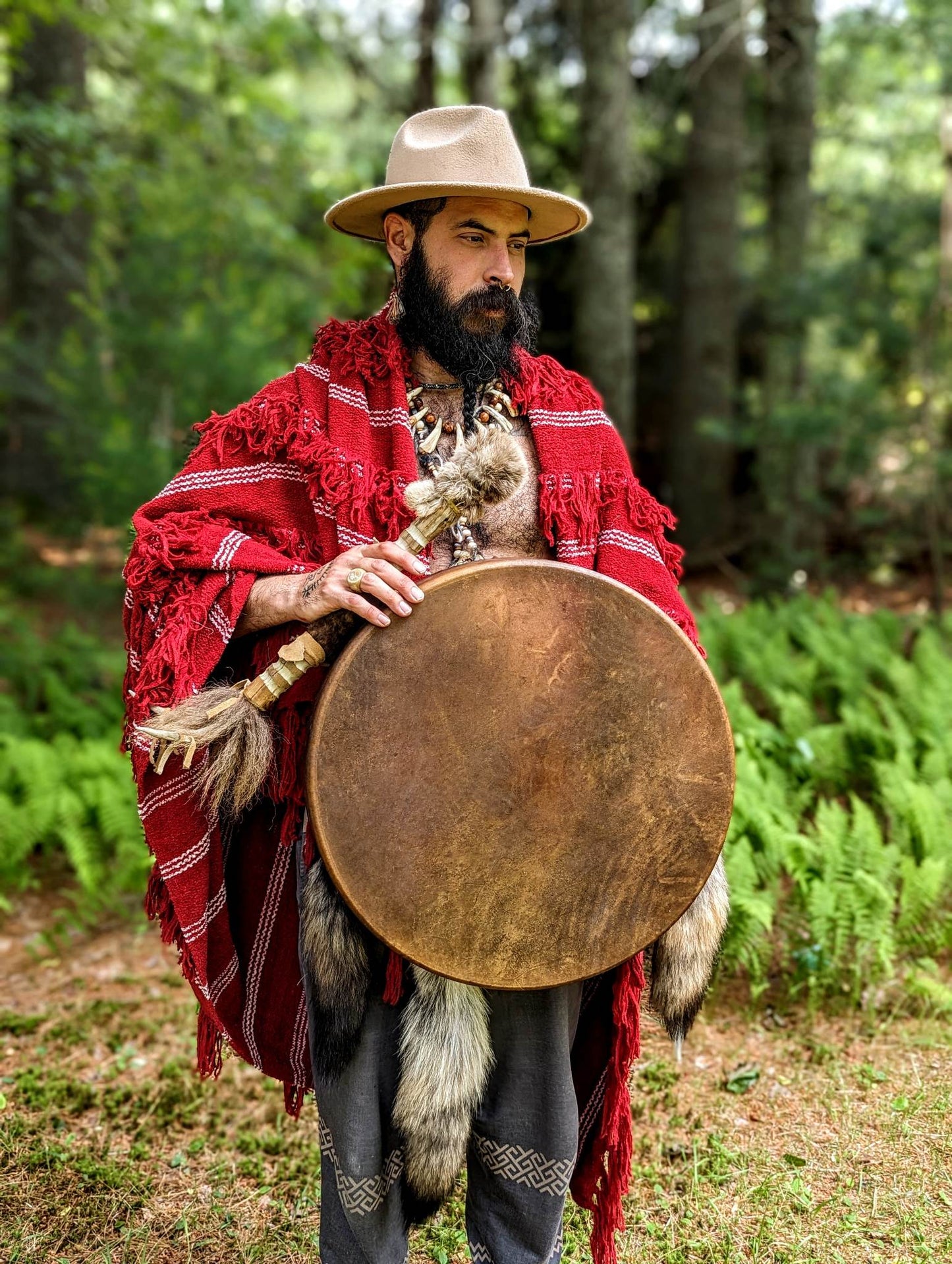20 Inch Horse Hide Drum with Coyote Tail, and Bison Hair
